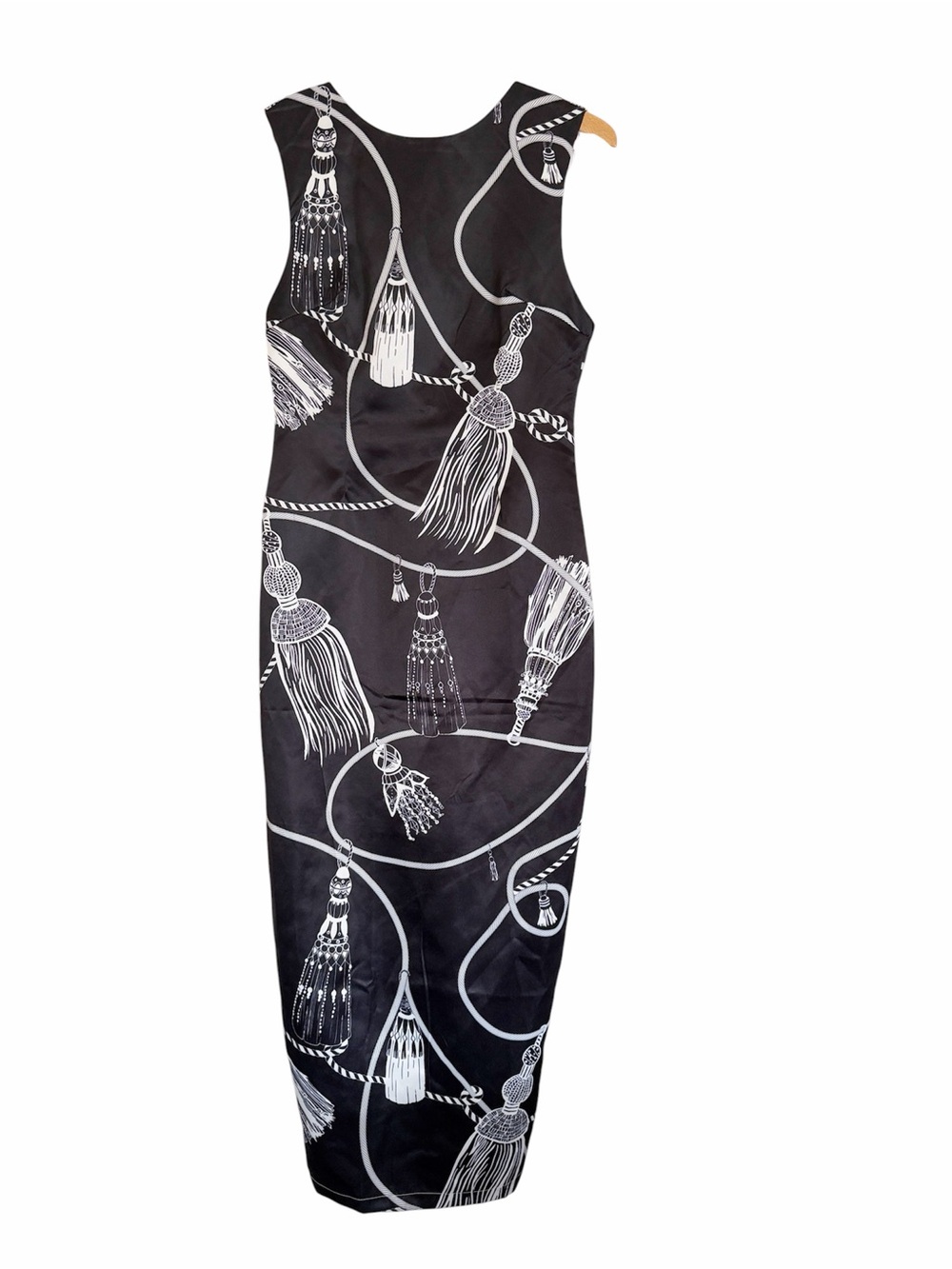 Eclect Black White Tassel Rope Print Formal Party Sleeveless Maxi Dress size S